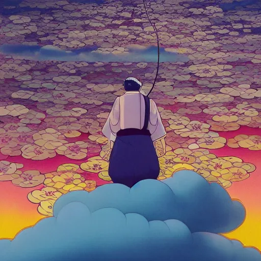 Image similar to a man walking on clouds above kyoto by takashi murakami, beeple and james jean, aya takano color style, 4 k, super detailed