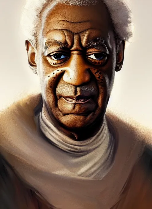 Prompt: Half-body portrait of a beautiful bill cosby with blonde hair and luminous aura. In style of Hyung-tae Kim and Greg Rutkowski, concept art, trending on ArtStation, Korean MMORPG, over-detailed art, 8K, epic, dynamic lightning, dramatic pose.