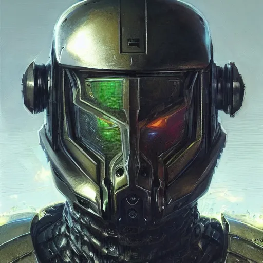 Image similar to the doomslayer as a realistic scifi cyberpunk knight, closeup portrait art by donato giancola and greg rutkowski, vintage retro scifi, realistic face, digital art, trending on artstation, symmetry!!!