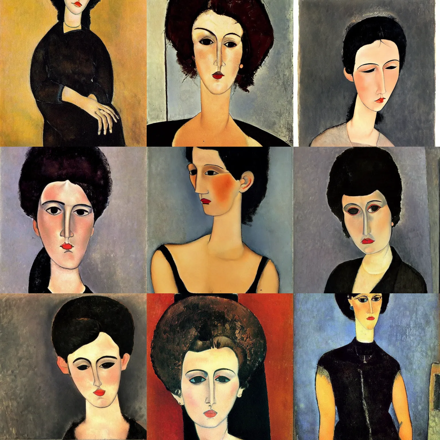 Prompt: A goth portrait painted by Amedeo Modigliani. Her hair is naturally dark brown and cut into a short, messy pixie cut. She has a slightly rounded face, with a pointed chin, large entirely-black eyes, and a small nose. She is wearing a black tank top, a black leather jacket, a black knee-length skirt, a black choker, and black leather boots.
