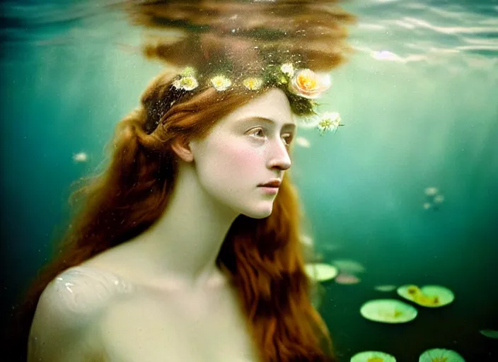 Prompt: Kodak Portra 400, 8K, soft light, volumetric lighting, highly detailed, britt marling style 3/4 ,portrait photo of a beautiful woman how pre-Raphaelites painter, part of the face is underwater of a pond with water lilies, , she has a beautiful lace dress and hair are intricate with highly detailed realistic beautiful flowers , Realistic, Refined, Highly Detailed, natural outdoor soft pastel lighting colors scheme, outdoor fine art photography, Hyper realistic, photo realistic,warm lighting,