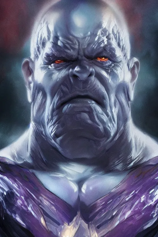 Image similar to characters portrait of Darkseid mixed with Thanos by Alyssa Monks, full-shot, merged character, Full body shot, cinematic opening shot, 4k, highly detailed, cinematic lighting