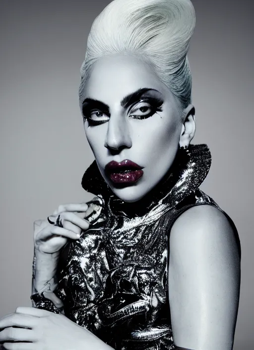 Image similar to lady gaga photohoot styled by nick knight posing ,studio lighting, majestic style , vogue magazine, Highly realistic. High resolution. Highly detailed. Dramatic. 8k.4k.