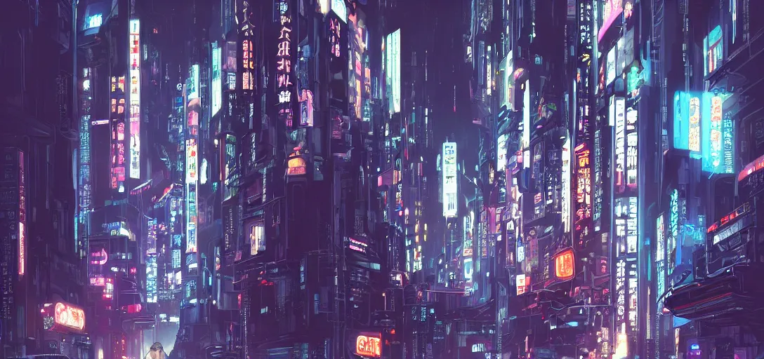 Image similar to cyberpunk robot in future japan at night, concept art, fine details, studio ghibli, cinematic lighting, ghost-in-the-shell, cyberpunk,sci-fi, fantasy, intricate, elegant, highly detailed, digital painting, trending on artstation, concept art, smooth, sharp focus, illustration, by james gurney and greg rutkowski