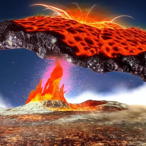 Image similar to fiery meteorite crashing into an active volcano, artist's impression