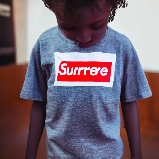 Image similar to short kid wearing a supreme shirt, detailed, studio