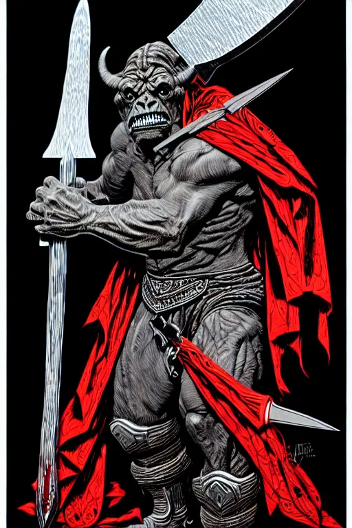 Image similar to cloaked orc holding large axe, high details, intricately detailed, by vincent di fate, inking, 3 color screen print, masterpiece, trending on artstation, sharp, details, hyper - detailed, hd, 4 k, 8 k