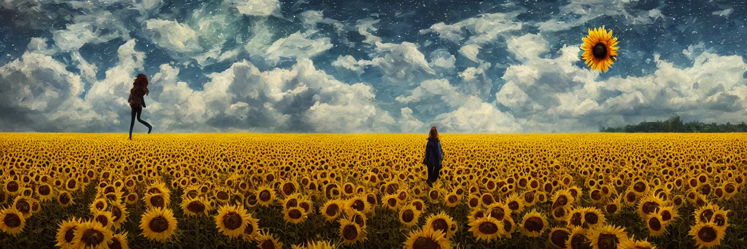 Image similar to giant sunflower as a head, girl walking in wheat field, hills, surreal photography, dark night, star trails, dramatic light, impressionist painting, clouds, digital painting, artstation, simon stalenhag