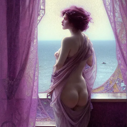 Prompt: A woman looking out to sea from her bedroom, dreamlike scene, high angle shot, dark mood, purple hues, soft lighting, fantasy, intricate, elegant, highly detailed, digital painting, artstation, concept art, smooth, sharp focus, illustration, art by Krenz Cushart and Artem Demura and alphonse mucha