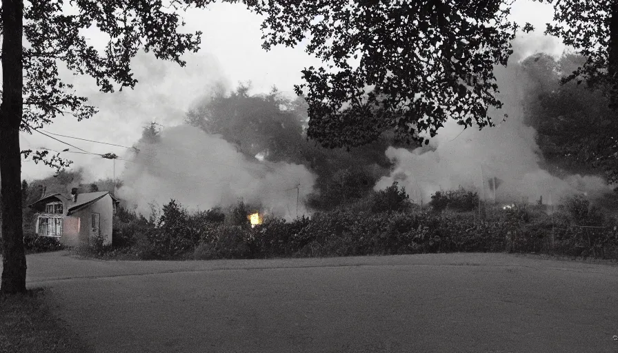 Prompt: 1 9 7 0 s movie still of a heavy burning french style little house by night in autumn, in a small northern french village, by sony mini dv camera, heavy grain, high quality, high detail, dramatic light, anamorphic, flares