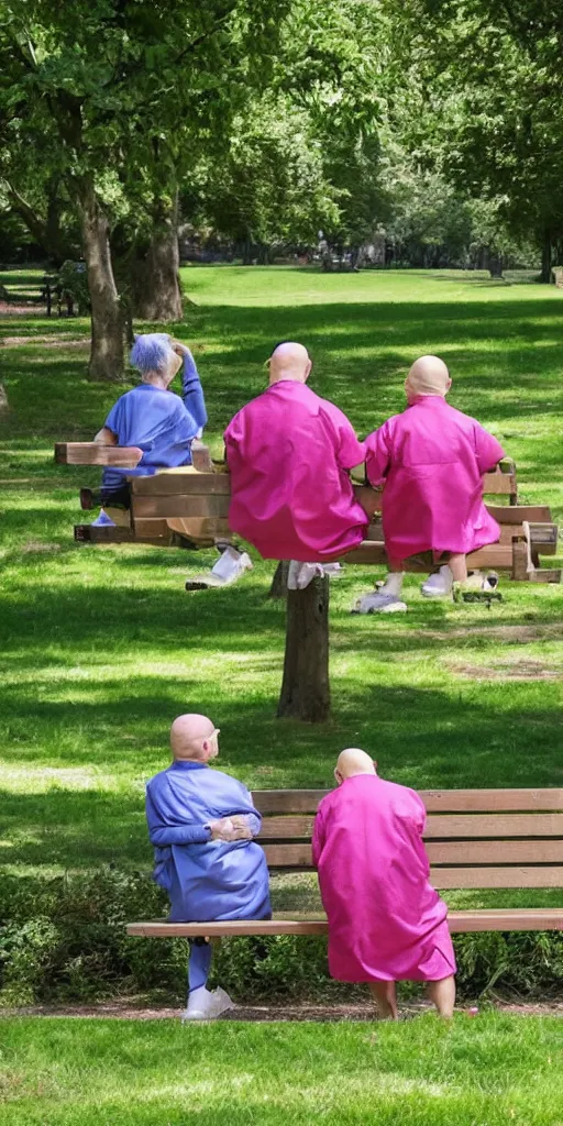 Image similar to In the park, bald old people in hospital gowns and bald children sitting on benches .