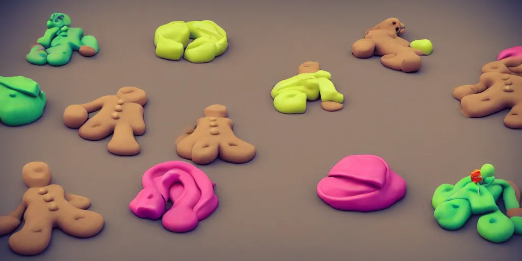 Image similar to “ gingerbread man baking in oven and smelling own farts, 3 d rendering play dough, trending on artstation, surreal ”