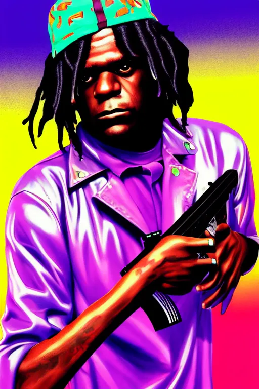 Image similar to chief keef with riffle, gta vice city style art, pop art, no duplicate image, glowing lights, ultra details, ultra realistic, digital painting, artstation, concept art, smooth, sharp focus, illustration, intecrate details, art by richard hamilton and mimmo rottela, pixels art by kirokaze and paul robertson