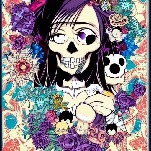 Image similar to anime manga skull portrait girl face disney simpsons detailed highres 4k Mucha and James Jean pop art nouveau