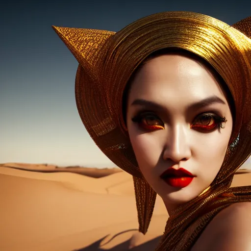 Image similar to giesha demon, innovative avant-garde art, deco fashion, asian women, highly detailed, photorealistic portrait, serene desert setting, golden hour, crisp quality and light reflections, octane render