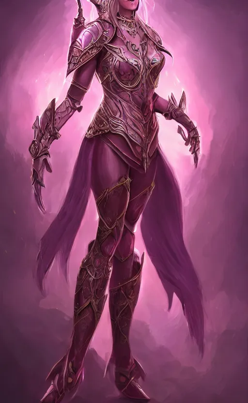 Image similar to a full body portrait of an elven woman with pink skin, and armor fit for a queen, wearing purple headphones, and smiling, dynamic lighting, photorealistic fantasy concept art, trending on art station, stunning visuals, creative, cinematic, ultra detailed