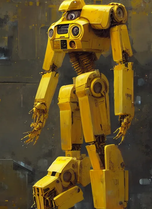 Prompt: human-sized strong intricate yellow pit droid, pancake short large head painterly humanoid mecha, by Greg Rutkowski