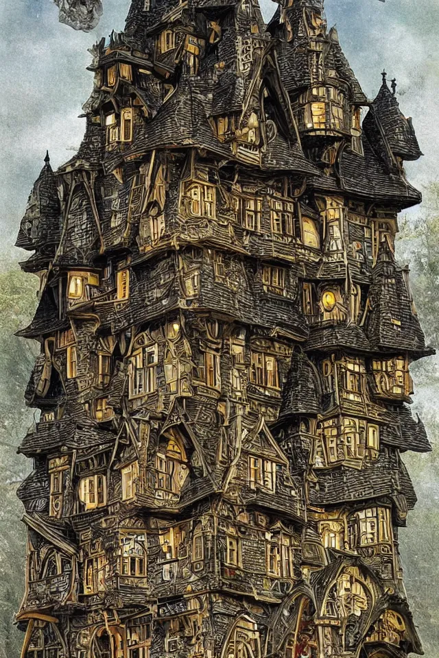 Prompt: The house of Kriselda Kronos was full of clocks. It was an old house. A little crooked in the course of time, it was located a little way outside the small town, which was in a constant hurry, on a hill. A multitude of tiny turrets adorned its roof, bats and black-winged crows nested under its gables. and black-winged crows fluttered around its crumbling chimney.
