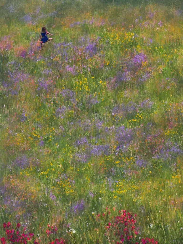 Image similar to running through the wildflowers by disney concept artists, blunt borders, rule of thirds, golden ratio, godly light