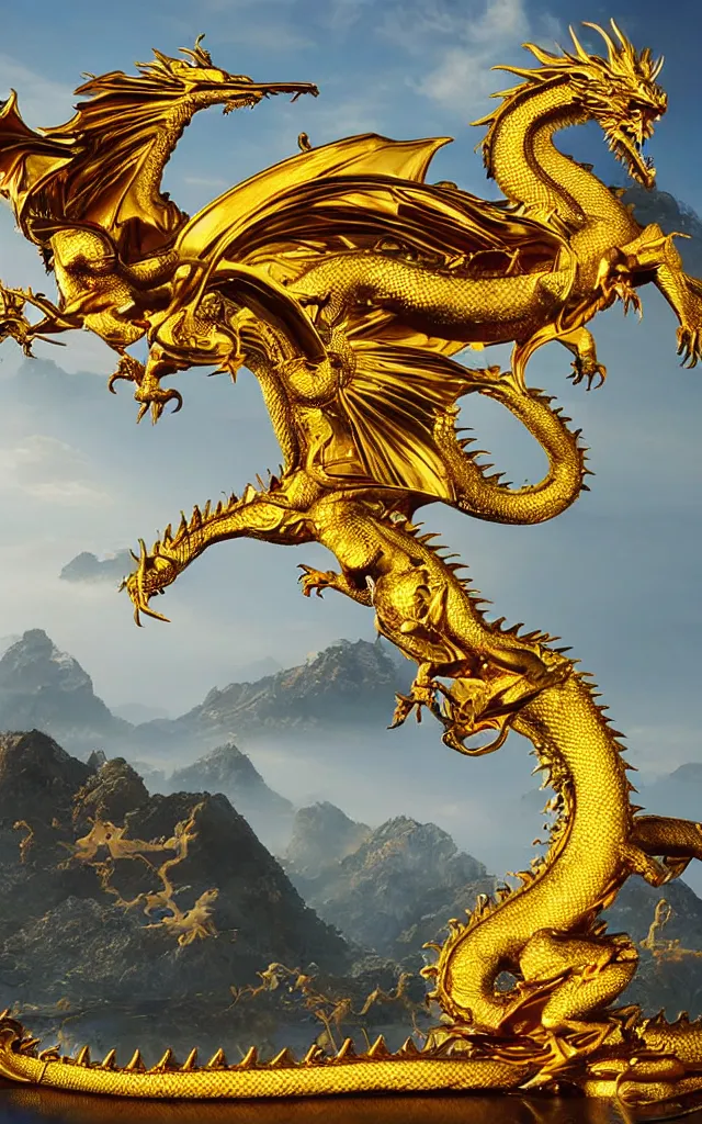 Image similar to a true photographic landscape and an unrivalled reality ， depicting a golden dragon