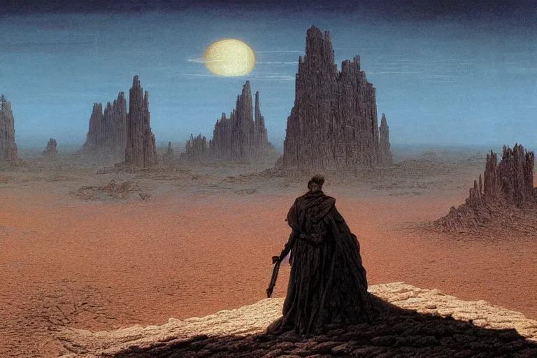 Image similar to intricate, 3 d, endless wastes vast desert, style by caspar david friedrich and wayne barlowe and ted nasmith