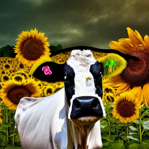 Prompt: a southern belle cow with a black and white bow, sunflower background, 4k, rustic colors, country style