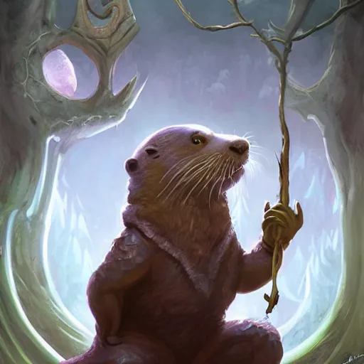 Image similar to anthropomorphic druidic otter casting a spell, DnD character art portrait, matte fantasy painting, DeviantArt Artstation, by Jason Felix by Steve Argyle by Tyler Jacobson by Peter Mohrbacher, cinematic lighting