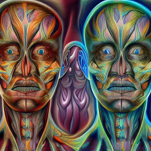 Prompt: full anterior shot human anatomical render in the style of alex grey, with an ornate fractal background featuring eyes