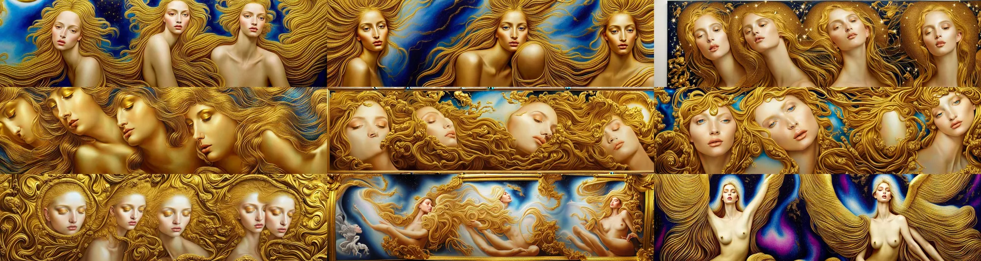 Prompt: an ultradetailed mural, depicting a hundred unique framed hyperrealist portraits of ethereal biblically accurate celestial creature. something more beautiful than the most beautiful image ever. An unimaginably luxurious abstract form made of silk and comfort and artisinal delight. luxurious soft gilded fine art model dripping with gold