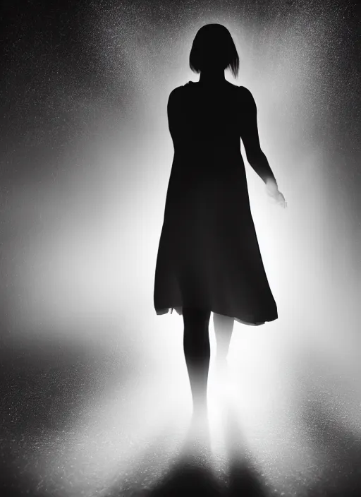 Image similar to a female silhouette walking, white glowing aura, out of body, fog, film grain, cinematic lighting, astral projection