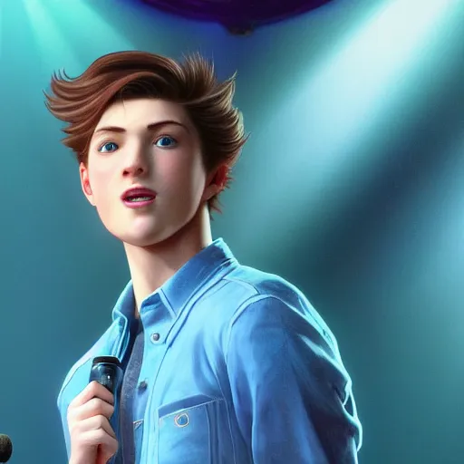 Image similar to a handsome young man with sandy brown hair and blue eyes singing into a neon blue microphone headset posing on stage. dynamic pose. line of action. concert. cinematic lighting. medium shot photorealistic. hyper realism. ray tracing hdr. intricate detailed masterpiece. by bouguereau and shigenori soejima. lifelike.