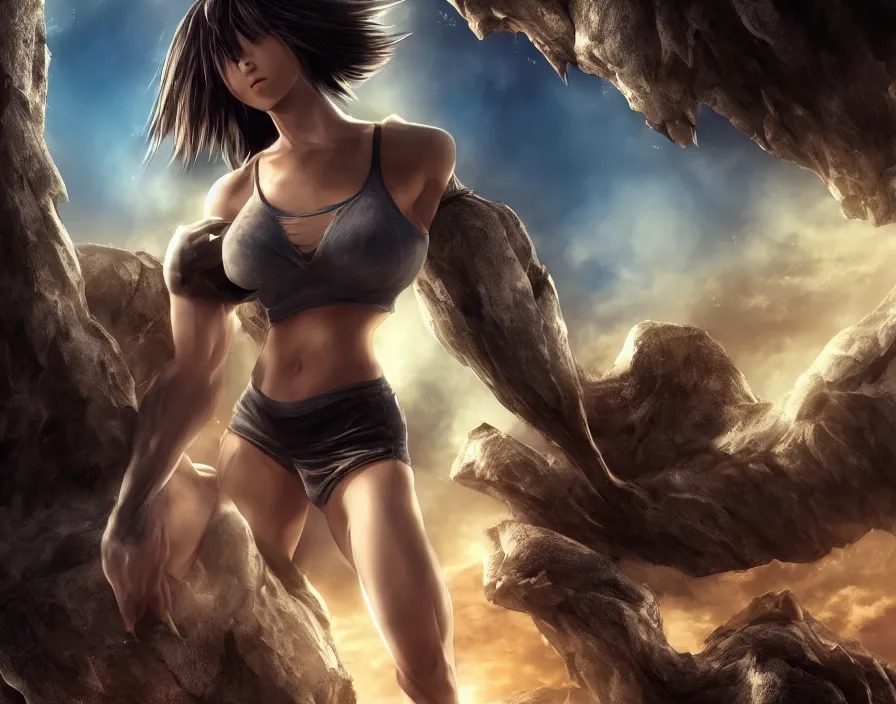 Image similar to ultra muscle like giga chad beautiful japanese girl, beautiful texture, beautiful graphics, fantasy artwork, very beautiful scenery, hd, hdr, ue 5, ue 6, unreal engine 5, cinematic 4 k wallpaper, 8 k, ultra detailed