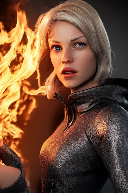 Prompt: a beautiful blonde woman spitting flames with her hands wearing a long matrix jacket, realistic, high definition, many details, dramatic scene, detailed and realistic hands, symmetrical face, realistic eyes, art of unreal engine 5