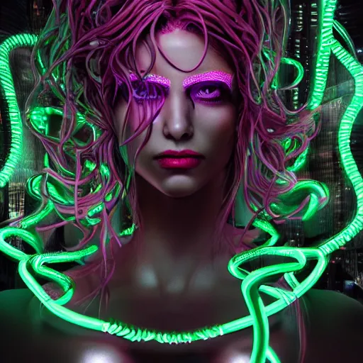 Prompt: Cyberpunk medusa, neon, intricate, ornate, photorealistic, ultra detailed, realistic, 35mm, photography, octane, high definition, depth of field, bokeh, 8k, artstation