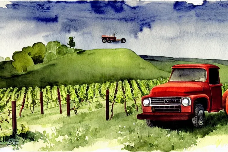 Image similar to dark cool watercolor painting of a vintage red truck in a vineyard by winslow homer