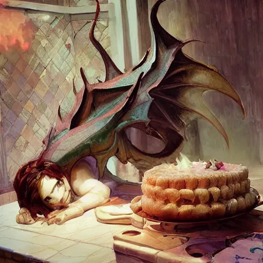 Prompt: Dragon with a body made of cake, sleeping on the kitchen counter of a magical bakery, oil painting, by Fernanda Suarez and and Edgar Maxence and greg rutkowski