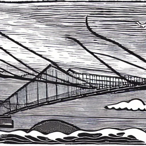 Prompt: small steel suspension bridge built in 1 9 2 8, side view, puffy clouds in background, uap floating in the sky, woodcut style, rubber stamp, 8 k