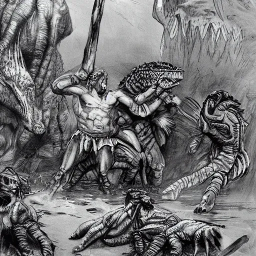 Image similar to A large dinosaur! fighting with several realistic detailed cavemen with proportioned bodies, next to the dinosaur are cavemen, the cavemen are armed with spears, the caveman are in a fighting stance, the cavemen are wearing animal furs, one caveman is stabbing the dinosaur with his spear, one caveman is cowering in fear, coarse canvas, visible brushstrokes, intricate, extremely detailed painting by William Turner (and by Greg Rutkowski)