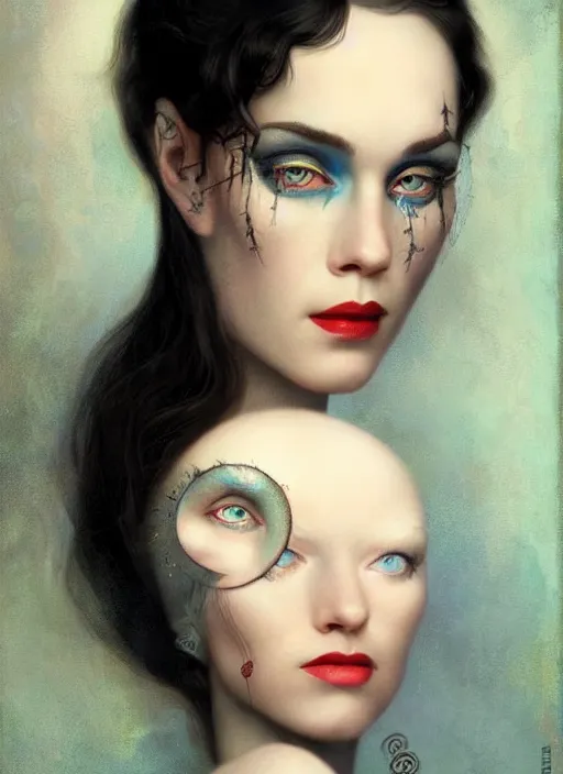 Prompt: a sinister portrait of an woman with beautiful blue eyes and dark hair, art by manuel sanjulian and tom bagshaw