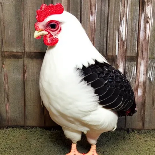 Image similar to cute!! barred Plymouth Rock chicken, studio!! lighting, white feathers in the shape of small hearts!!