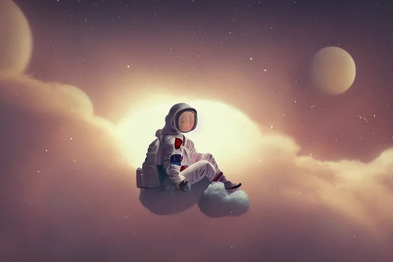 Prompt: a cute astronaut girl sitting on a cloud relaxing, misty, digital art, hazy, foggy, red lighting, ambient lighting, 8 k,