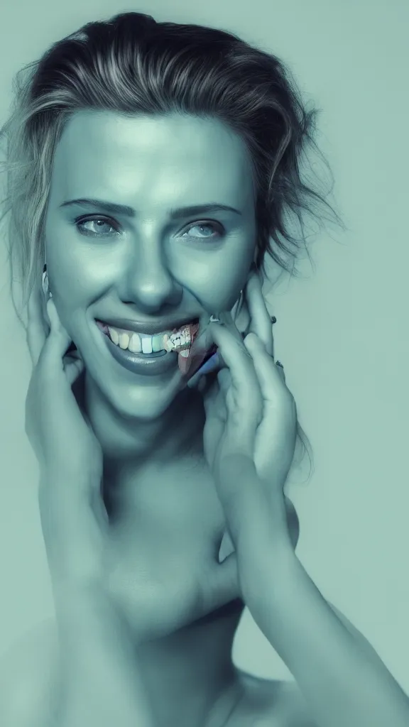 Image similar to portrait photo of smiling woman, photo of Scarlett Johansson:: symmetric face, symmetric eyes, slight smile, photo by Annie Leibovitz, 85mm, teal studio backdrop, Getty images