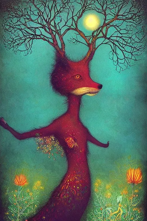 Image similar to surreal hybrid animals, nostalgia for a fairytale, magic realism, flowerpunk, mysterious, vivid colors, by andy kehoe, amanda clarke