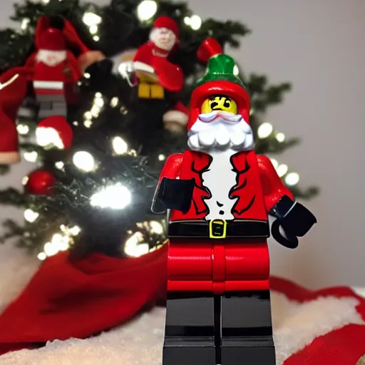 Prompt: LEGO Santa claus with flying reindeer