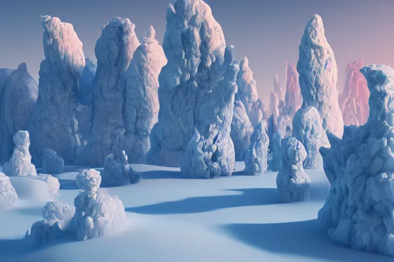 Image similar to a hd render of a surreal frozen landscape, by beeple and salvador dali