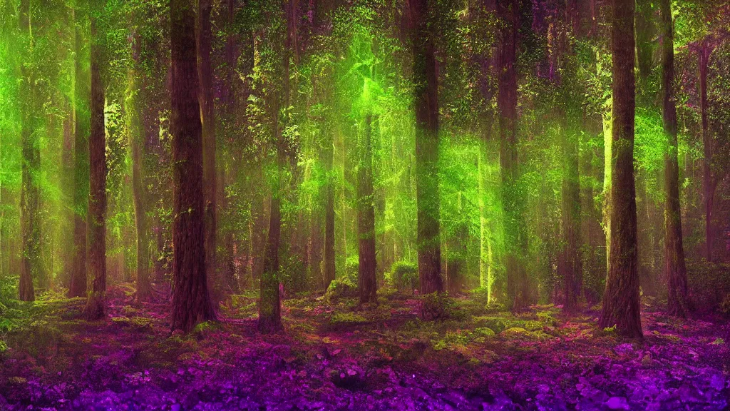 Image similar to portrait of an ethereal evergreen forest made of green and purple light, divine, cyberspace, mysterious, dark high-contrast concept art, log cabin made of blue light