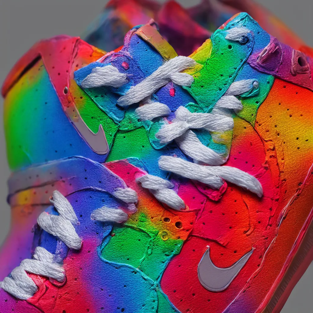 Image similar to photography of a realistic rainbow color air force sneaker, ultra detailed, 8 k, black background