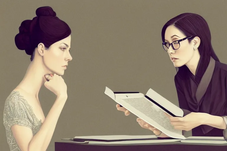 Image similar to portrait of two wise and very beautiful women discussing some texts appearing in a computer screen, art by shaft studio, intricate, elegant, highly detailed, smooth, sharp focus, artstation