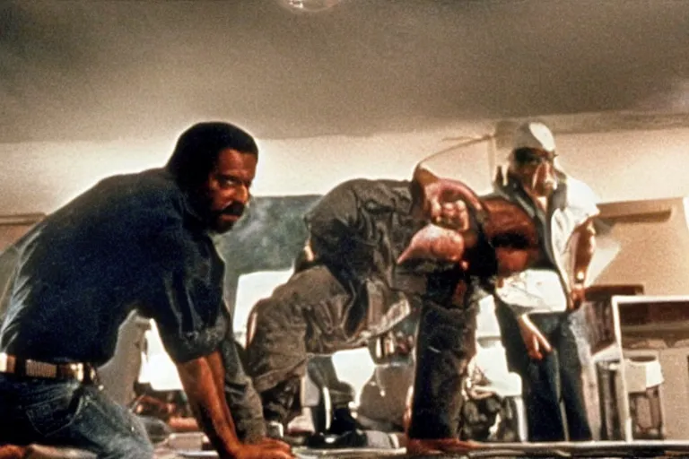 Image similar to a still of the movie the taking of pelham one two three ( 1 9 7 4 ) fused with the movie deep blue sea ( 1 9 9 9 ) and the movie moon ( 2 0 0 9 )