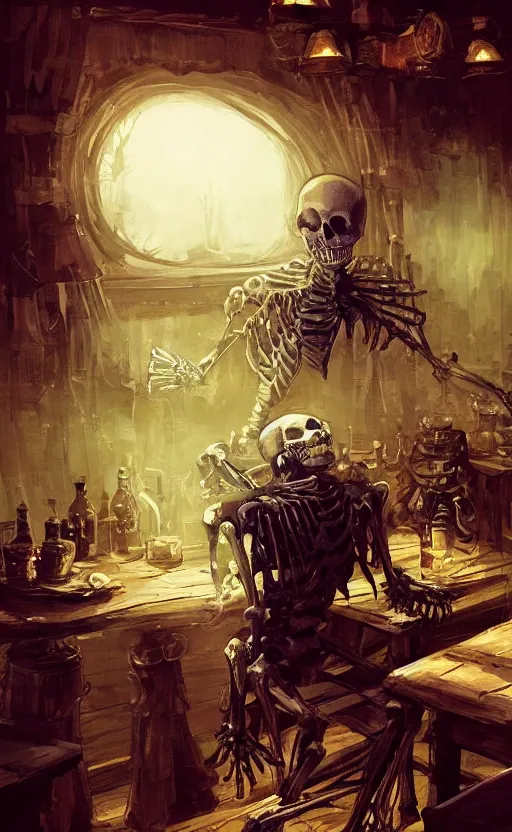 Prompt: a beautiful artwork illustration, concept art sketch of a skeleton with chestplate sitting on a table at a tavern, drinking whiskey, volumetric fog, godrays, high contrast, high contrast, high contrast, vibrant colors, vivid colors, high saturation, by Greg Rutkowski and Jesper Ejsing and Raymond Swanland and alena aenami, featured on artstation, wide angle, vertical orientation